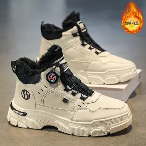 Winter Men's High Top Boots Rotating Button  Plush Warm