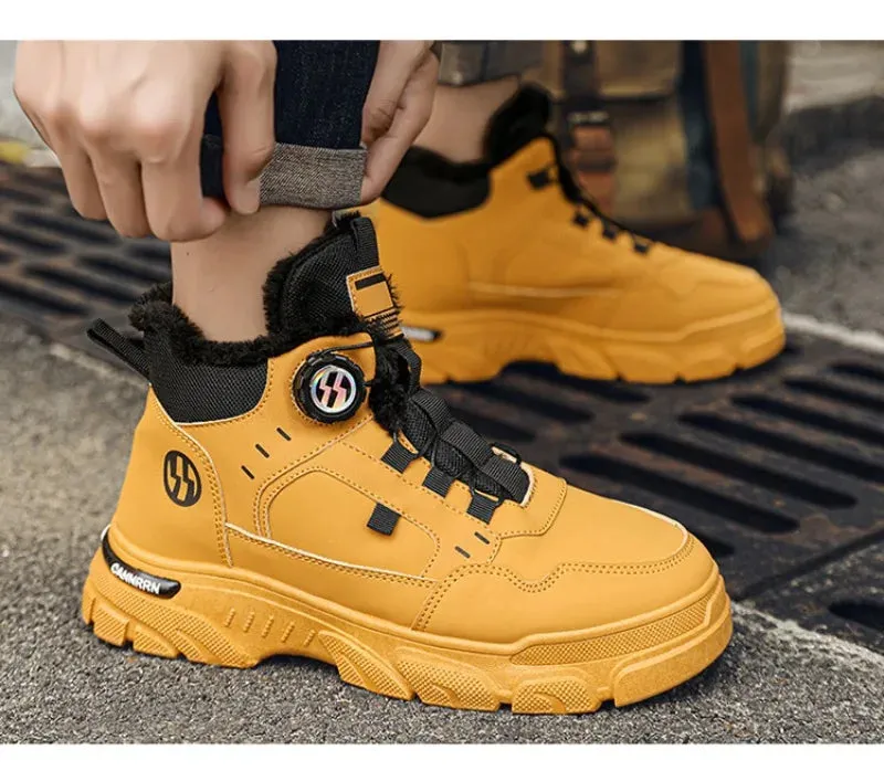 Winter Men's High Top Boots Rotating Button  Plush Warm
