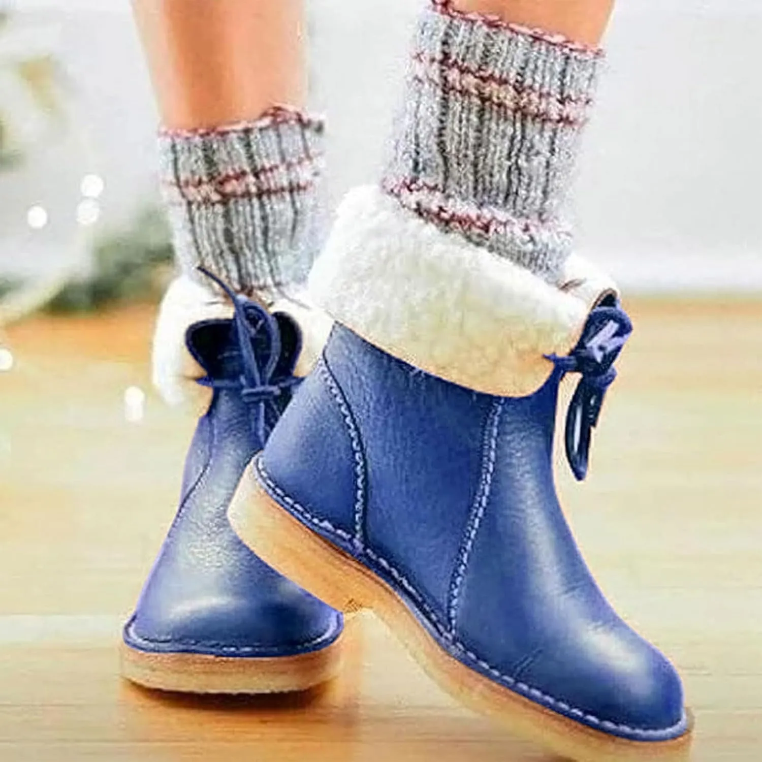 Women Waterproof Wool Lined Boots Vintage Buttery-Soft Wool Lined Boots PU Leather Snow Ankle Boots for Men