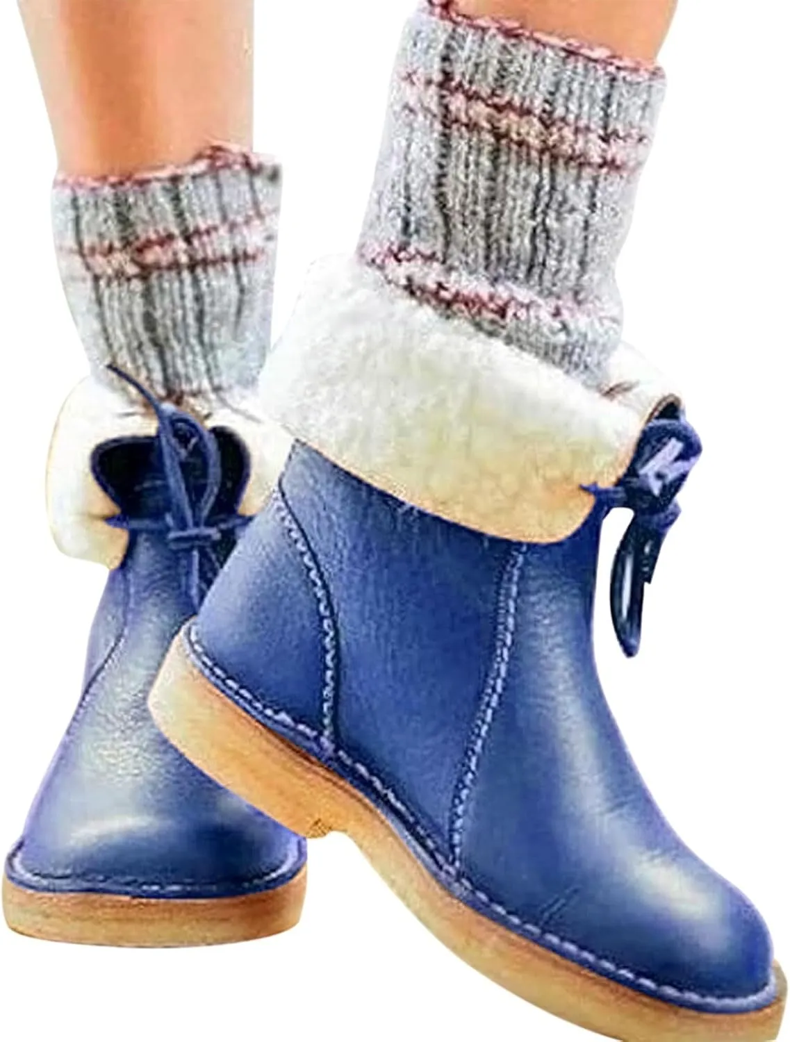 Women Waterproof Wool Lined Boots Vintage Buttery-Soft Wool Lined Boots PU Leather Snow Ankle Boots for Men