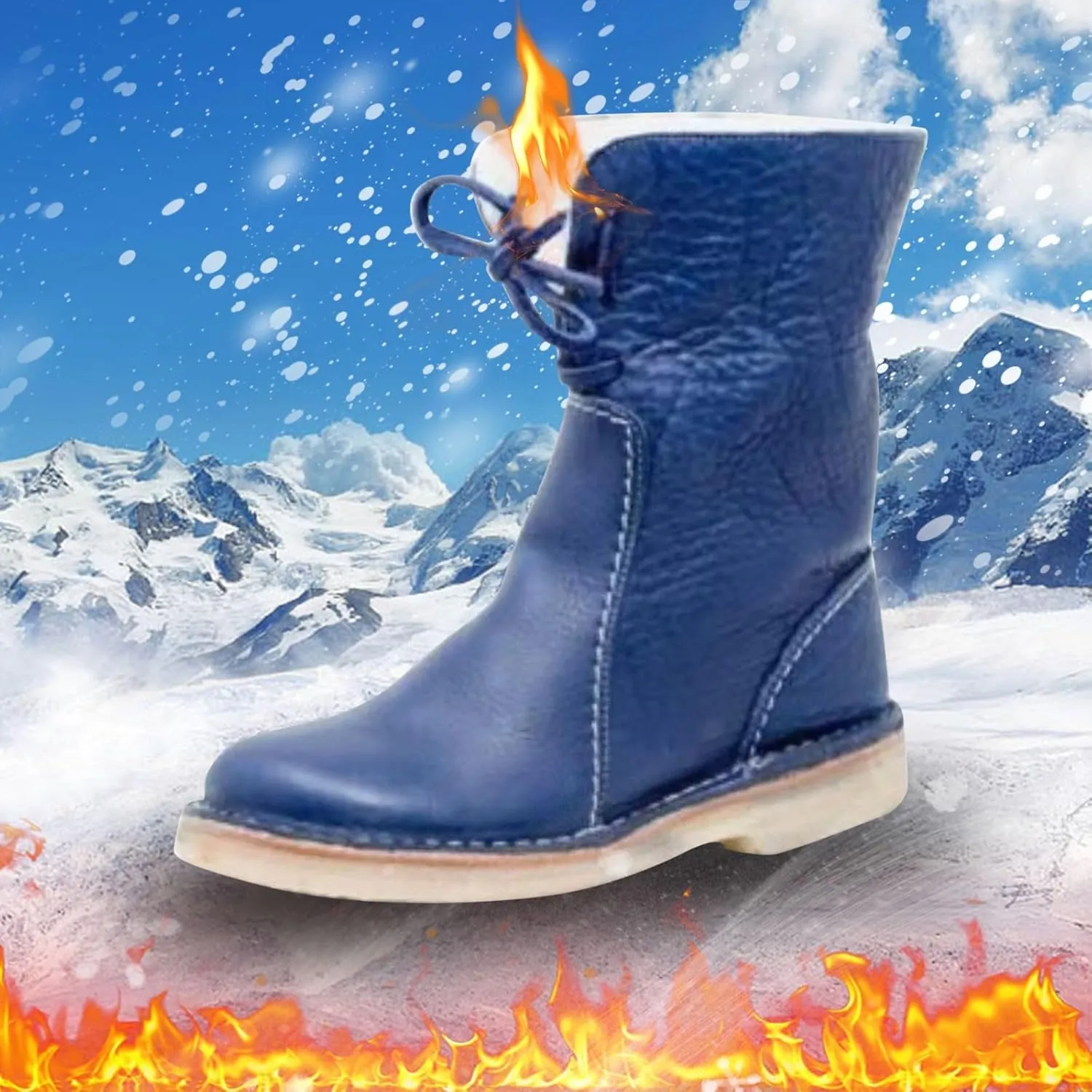 Women Waterproof Wool Lined Boots Vintage Buttery-Soft Wool Lined Boots PU Leather Snow Ankle Boots for Men