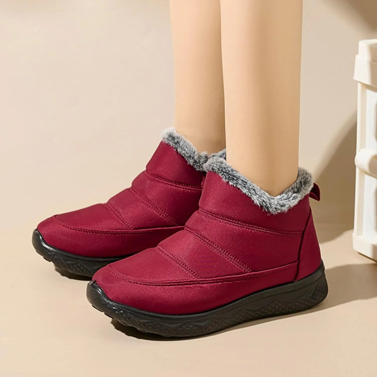 Womens Ankle Snow Boots Black Lace Up Waterproof Hiking Boots For Women Winter Plush Lined Boots With Side Zipper