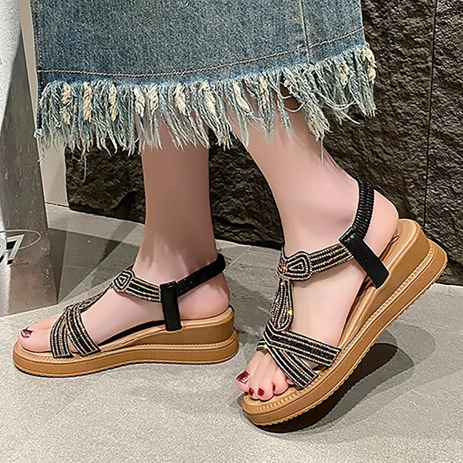 Women's Casual Elastic Slope Bottom Roman Shoes Summer Fashion Ladies Sandals Slide Sandals for Women Casual Summer