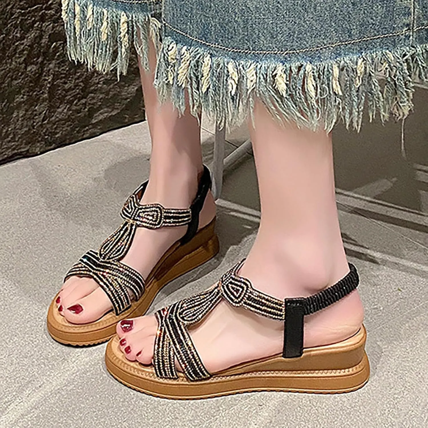 Women's Casual Elastic Slope Bottom Roman Shoes Summer Fashion Ladies Sandals Slide Sandals for Women Casual Summer