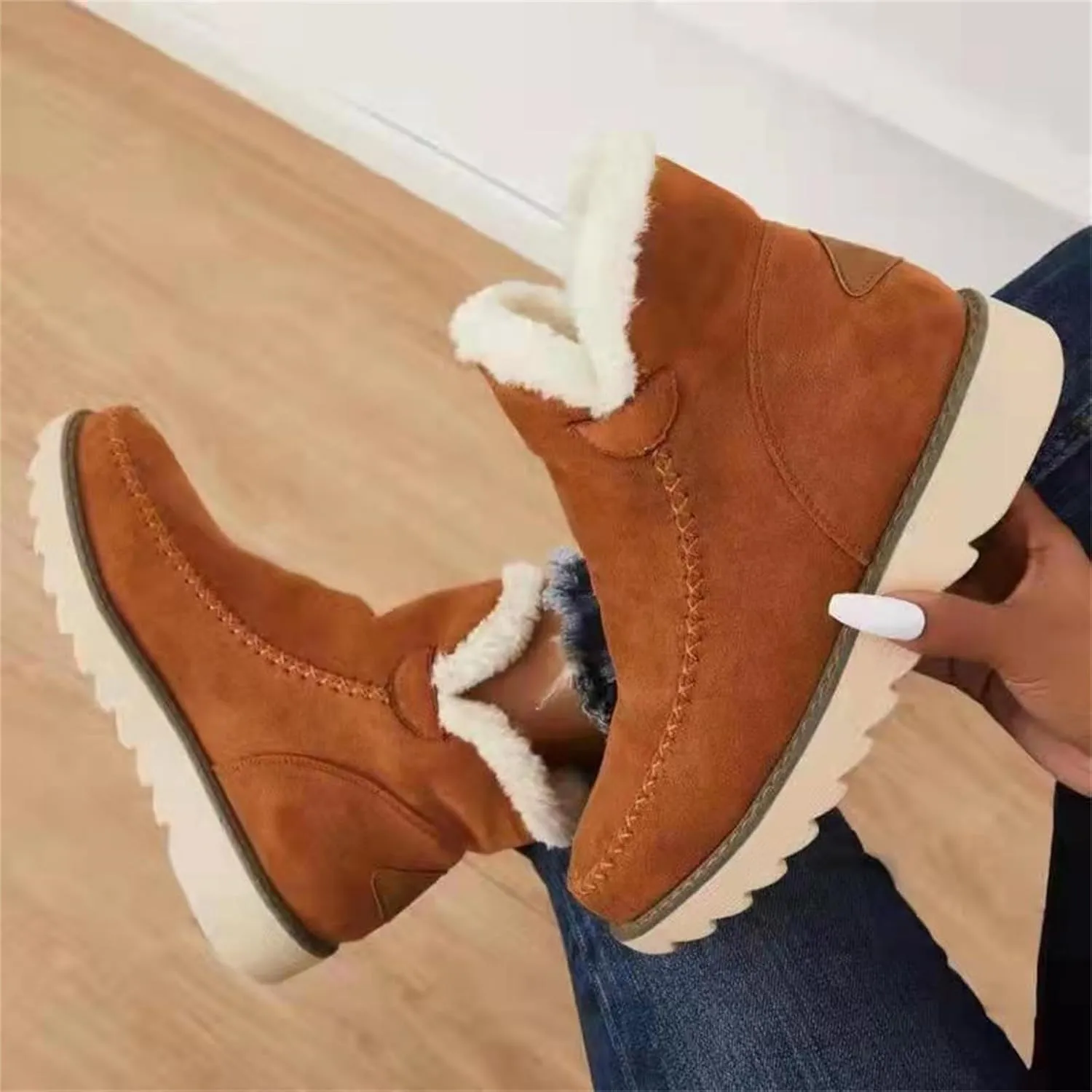 Women's Classic Faux Fur Slip on Winter Ankle Snow Boots Winter Boots for Women Waterproof Snow Non Slip Womens Wide Toe Snow Boots Women Winter Boots Size 10 1/2 Botas De Mujer Para El Frio