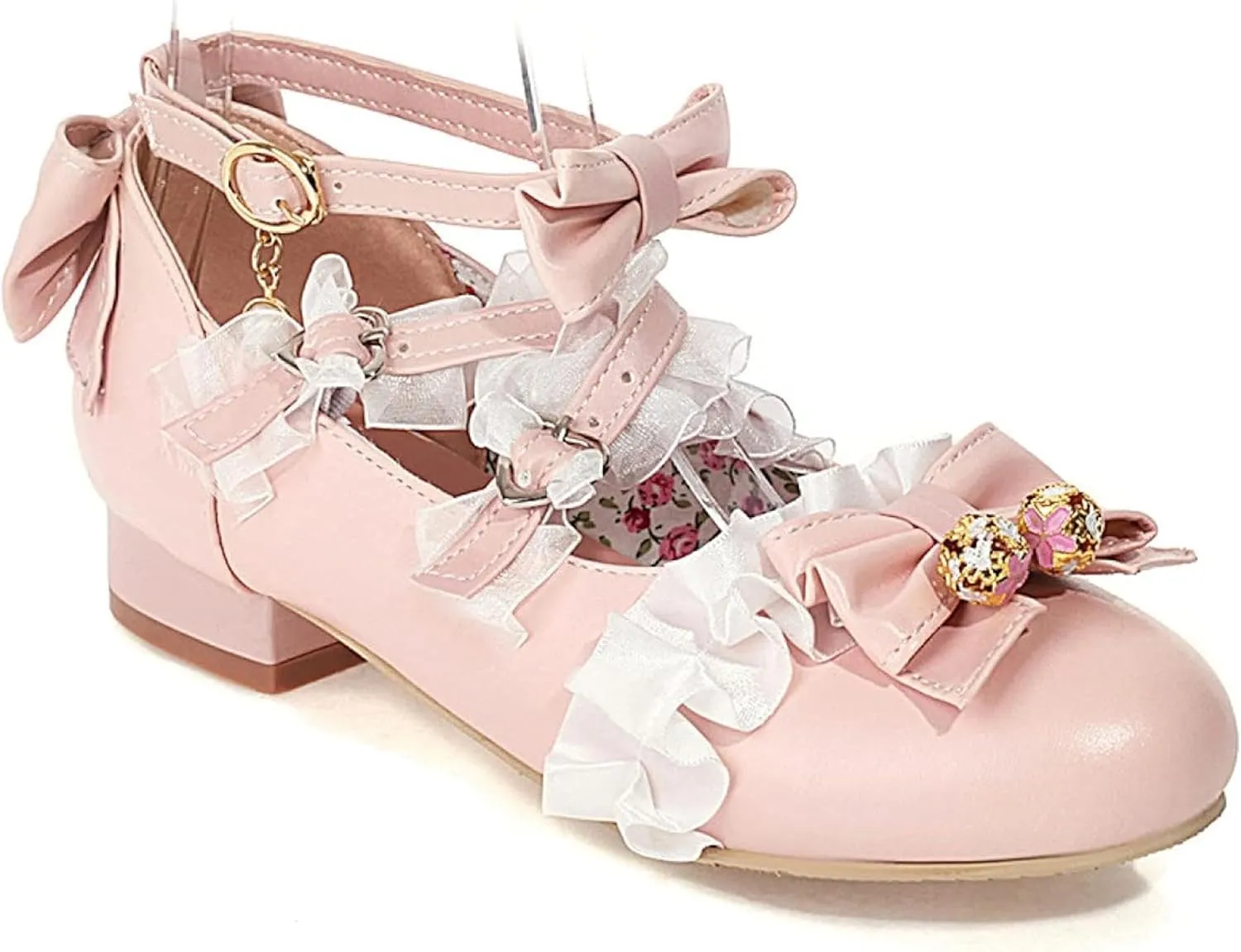 Women's Fashion Beaded Bow Mary Jane Oxford Shoes Thick Heels Girls Ankle Lace Dress Role Playing Shoes