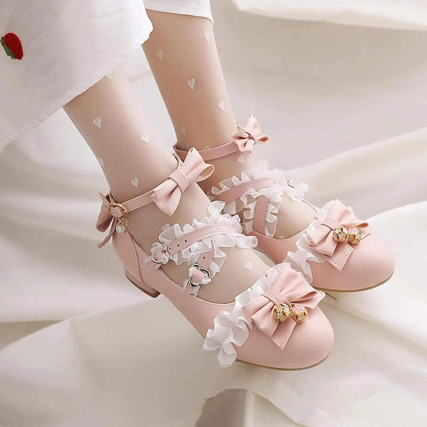 Women's Fashion Beaded Bow Mary Jane Oxford Shoes Thick Heels Girls Ankle Lace Dress Role Playing Shoes