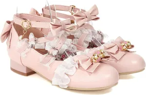 Women's Fashion Beaded Bow Mary Jane Oxford Shoes Thick Heels Girls Ankle Lace Dress Role Playing Shoes