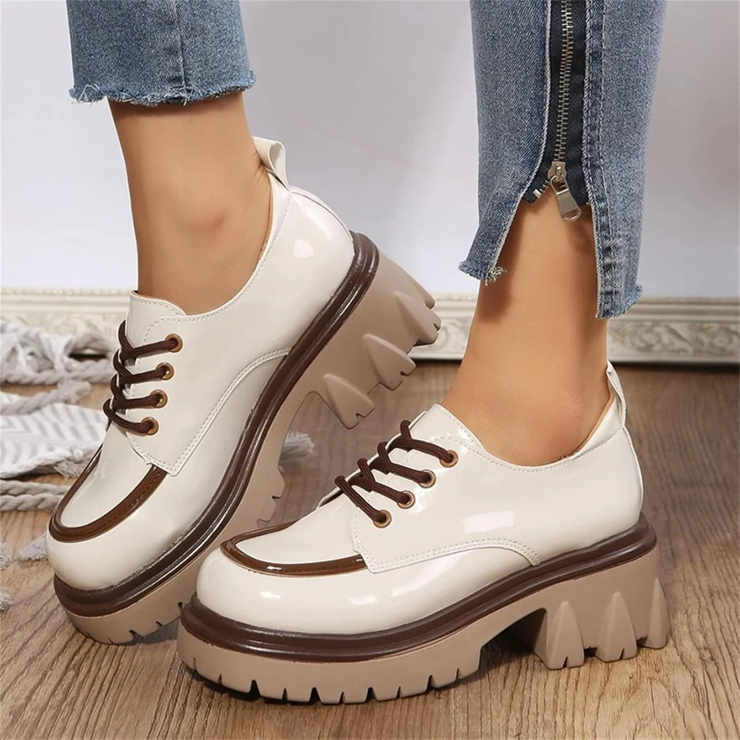 Women's Fashion Patent Leather Platform Oxford Shoes Comfort Round Toe Chunky Heel Lace-Up Non-Slip Lug Sole Business Office Dress Shoes