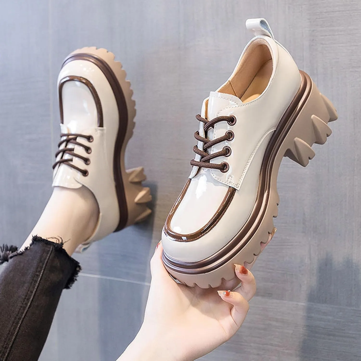 Women's Fashion Patent Leather Platform Oxford Shoes Comfort Round Toe Chunky Heel Lace-Up Non-Slip Lug Sole Business Office Dress Shoes