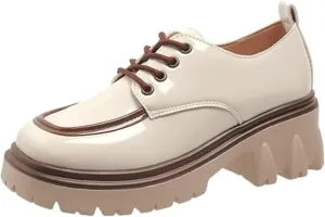 Women's Fashion Patent Leather Platform Oxford Shoes Comfort Round Toe Chunky Heel Lace-Up Non-Slip Lug Sole Business Office Dress Shoes