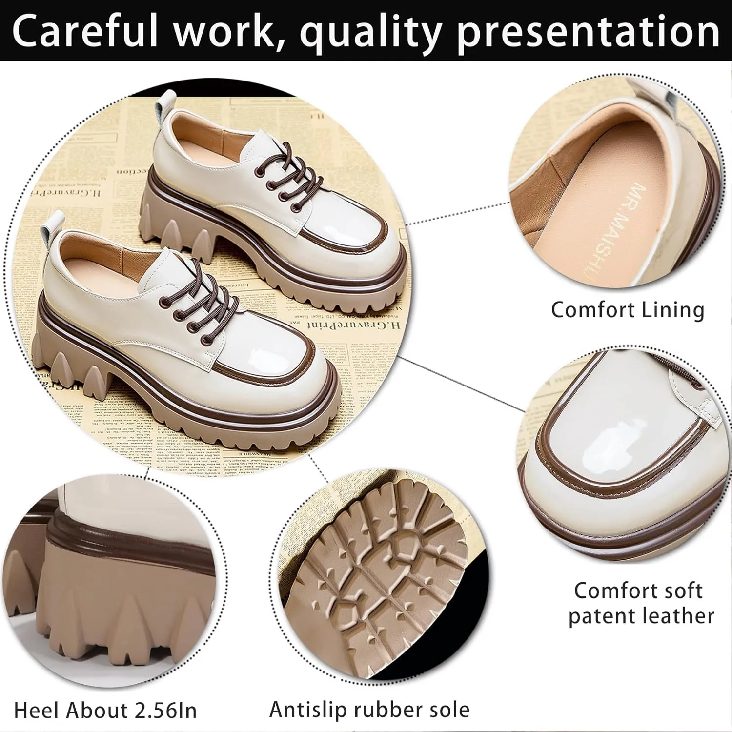 Women's Fashion Patent Leather Platform Oxford Shoes Comfort Round Toe Chunky Heel Lace-Up Non-Slip Lug Sole Business Office Dress Shoes
