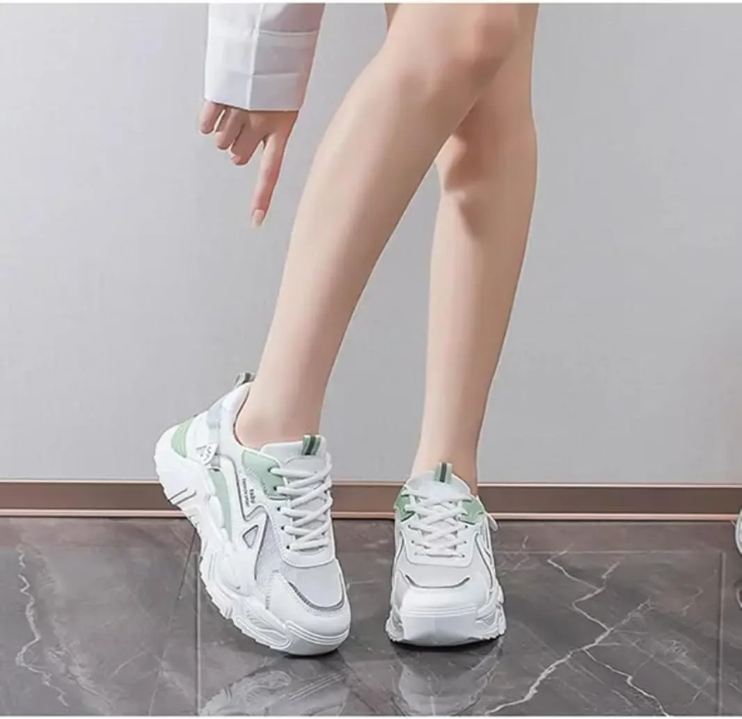 Womens Leather Lace-Up Platform Sneakers Casual Non-Slip Shock Absorbing Heighten Fashion Breathable Walking Workout Shoes