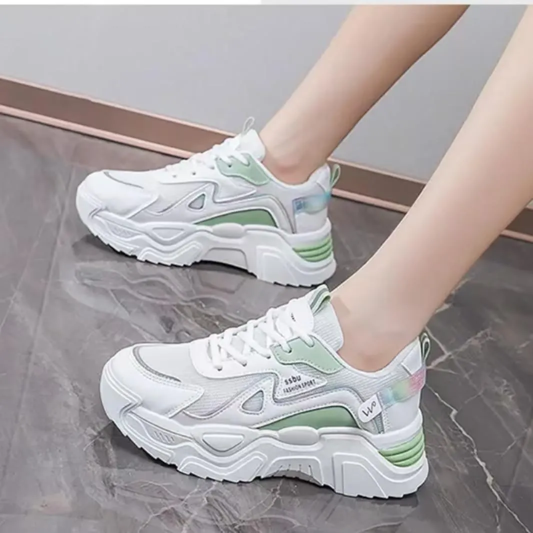 Womens Leather Lace-Up Platform Sneakers Casual Non-Slip Shock Absorbing Heighten Fashion Breathable Walking Workout Shoes