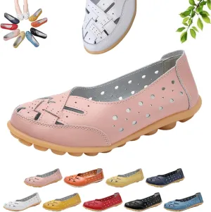 Women's Orthopedic Loafers in Breathable Leather,Hollow Flats Slip-on Summer Sandals,Casual Summer Slippers for Women