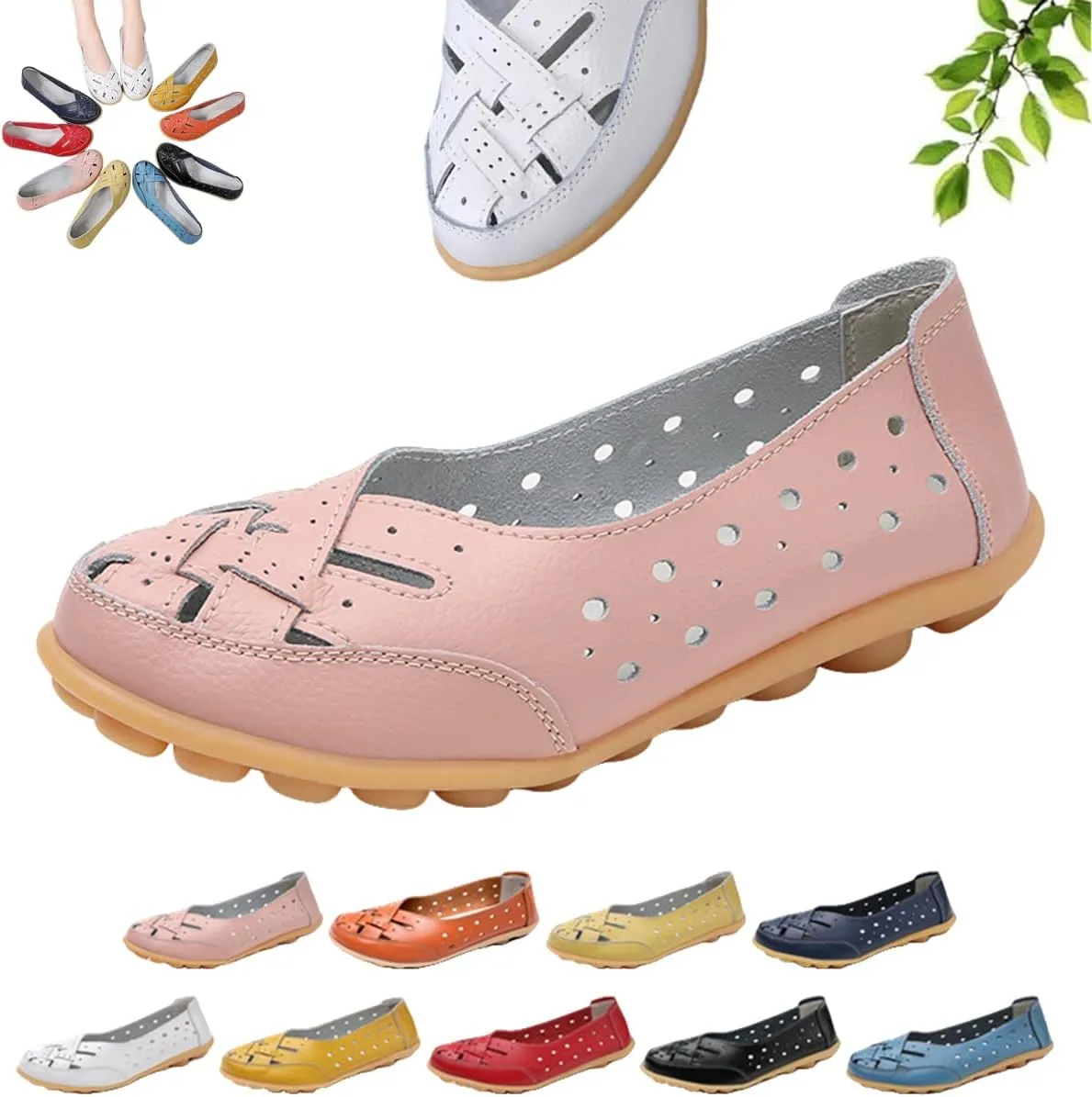 Women's Orthopedic Loafers in Breathable Leather,Hollow Flats Slip-on Summer Sandals,Casual Summer Slippers for Women