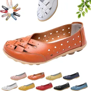 Women's Orthopedic Loafers in Breathable Leather,Hollow Flats Slip-on Summer Sandals,Casual Summer Slippers for Women