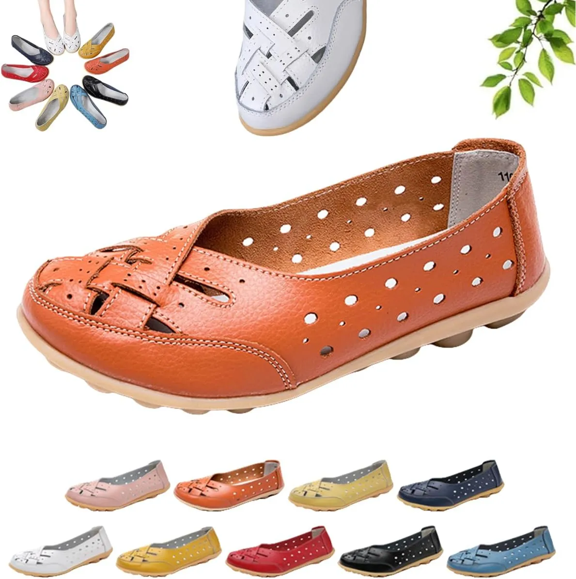 Women's Orthopedic Loafers in Breathable Leather,Hollow Flats Slip-on Summer Sandals,Casual Summer Slippers for Women