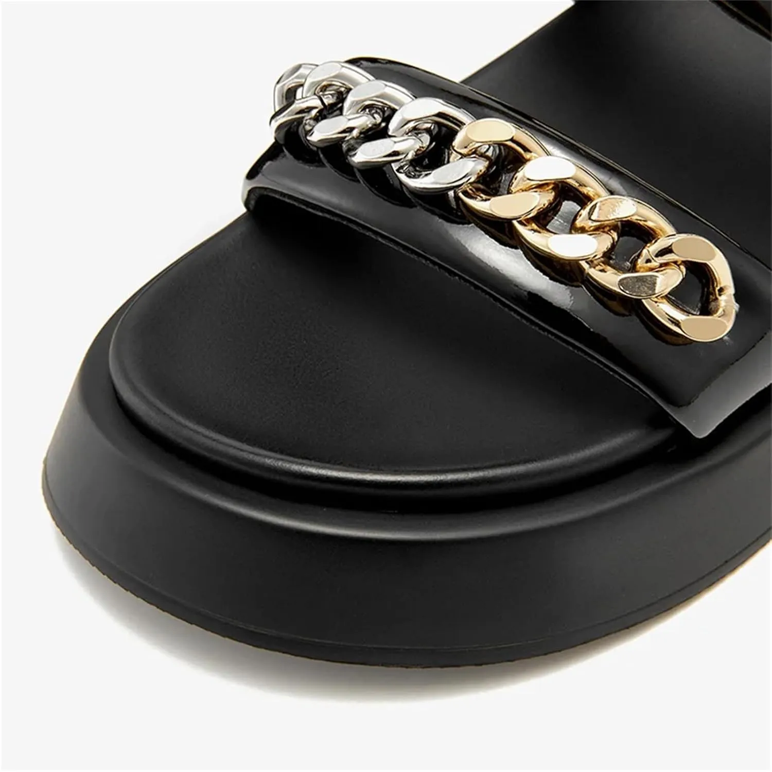 Women's Patent Leather Buckle Sandals - Chain Decor Summer Casual Flats