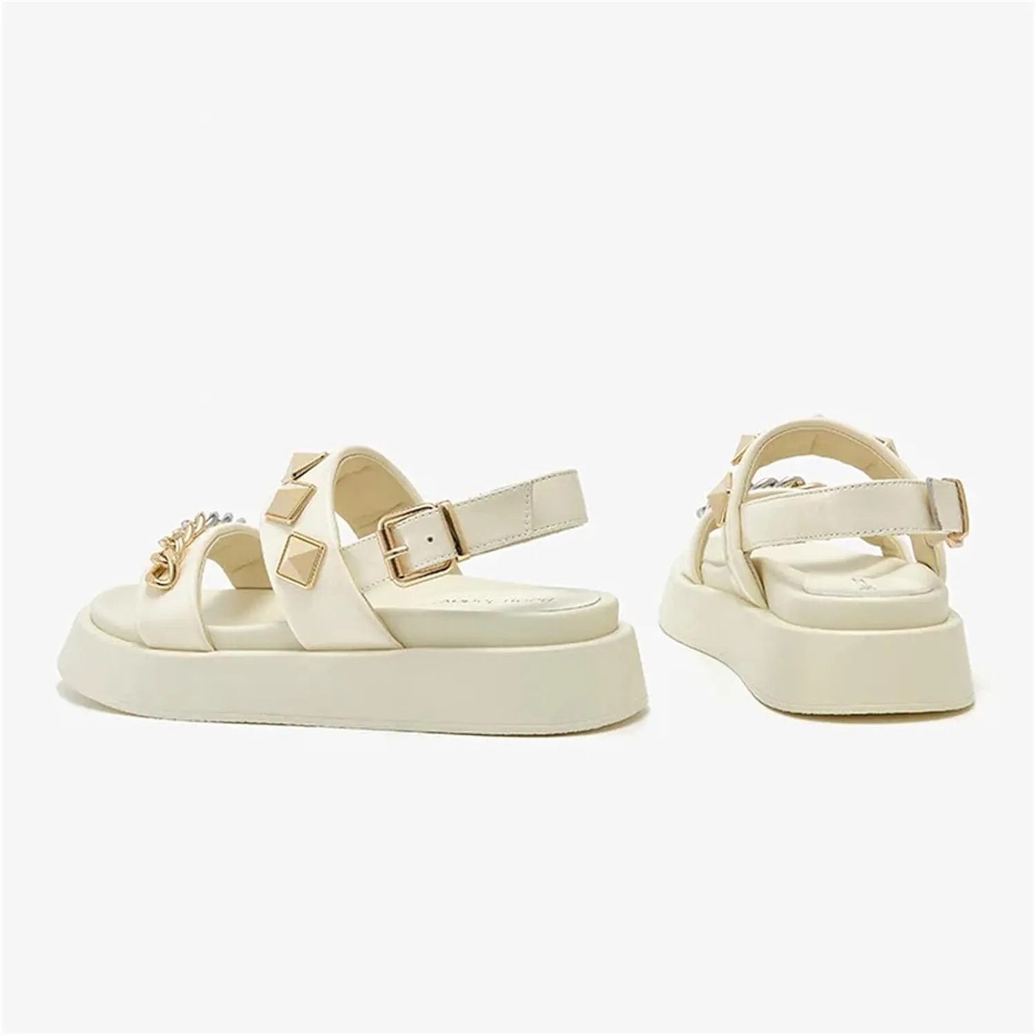 Women's Patent Leather Buckle Sandals - Chain Decor Summer Casual Flats