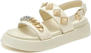 Women's Patent Leather Buckle Sandals - Chain Decor Summer Casual Flats