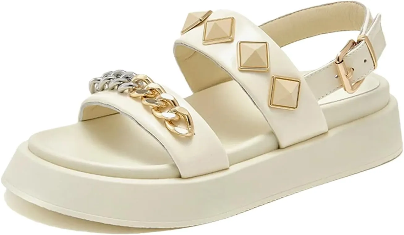 Women's Patent Leather Buckle Sandals - Chain Decor Summer Casual Flats