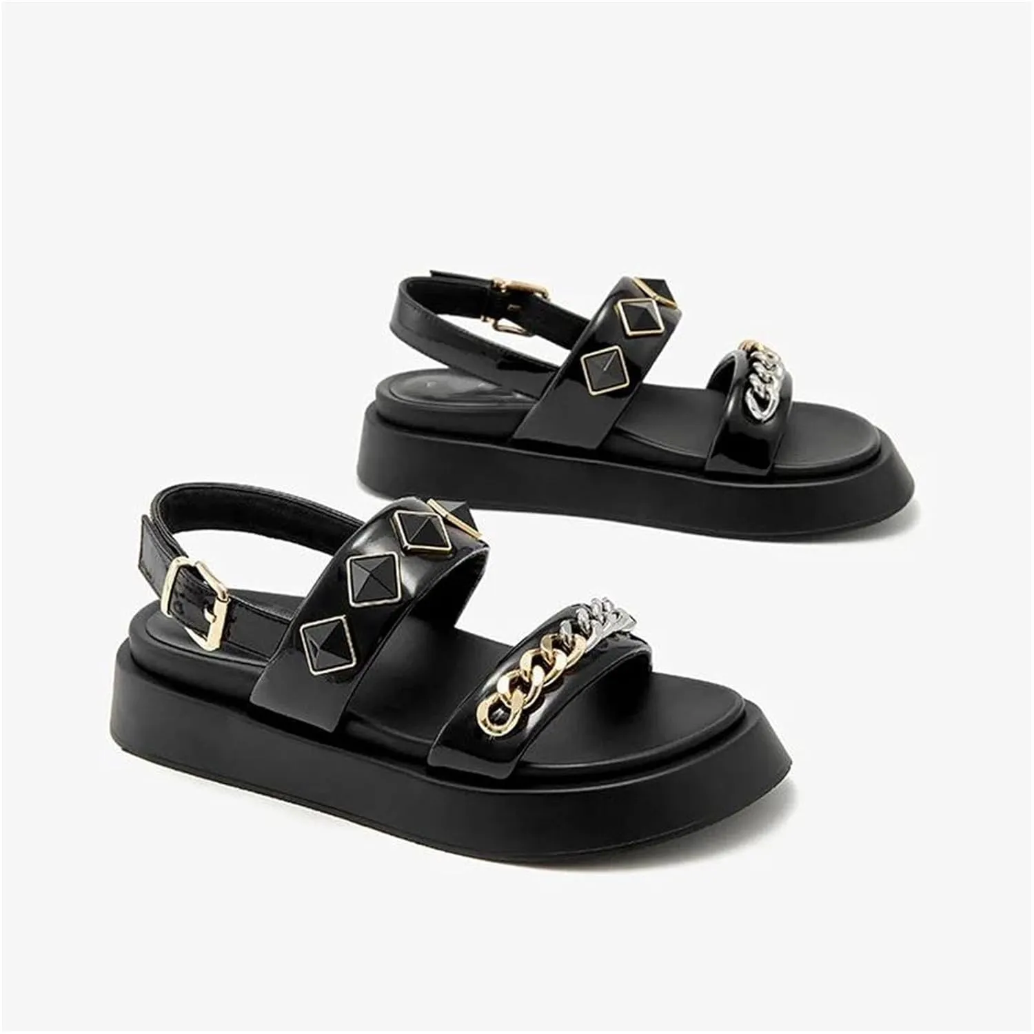 Women's Patent Leather Buckle Sandals - Chain Decor Summer Casual Flats