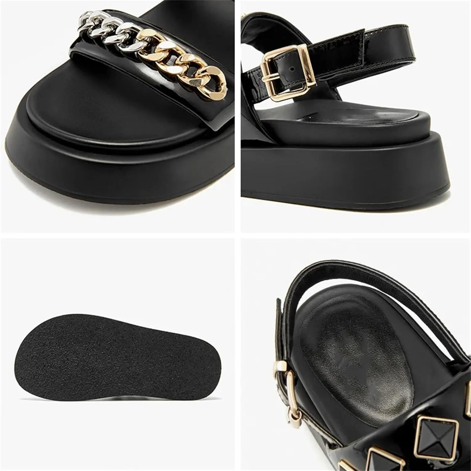 Women's Patent Leather Buckle Sandals - Chain Decor Summer Casual Flats