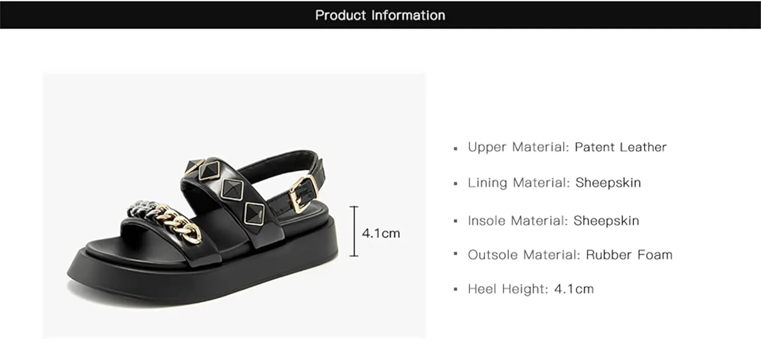 Women's Patent Leather Buckle Sandals - Chain Decor Summer Casual Flats