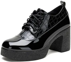 Women's Patent Leather Chunky Heel Dress Oxford Shoes Fashionable Round Head Print Platform High Heels Lace Up Pumps Business Work Shoes