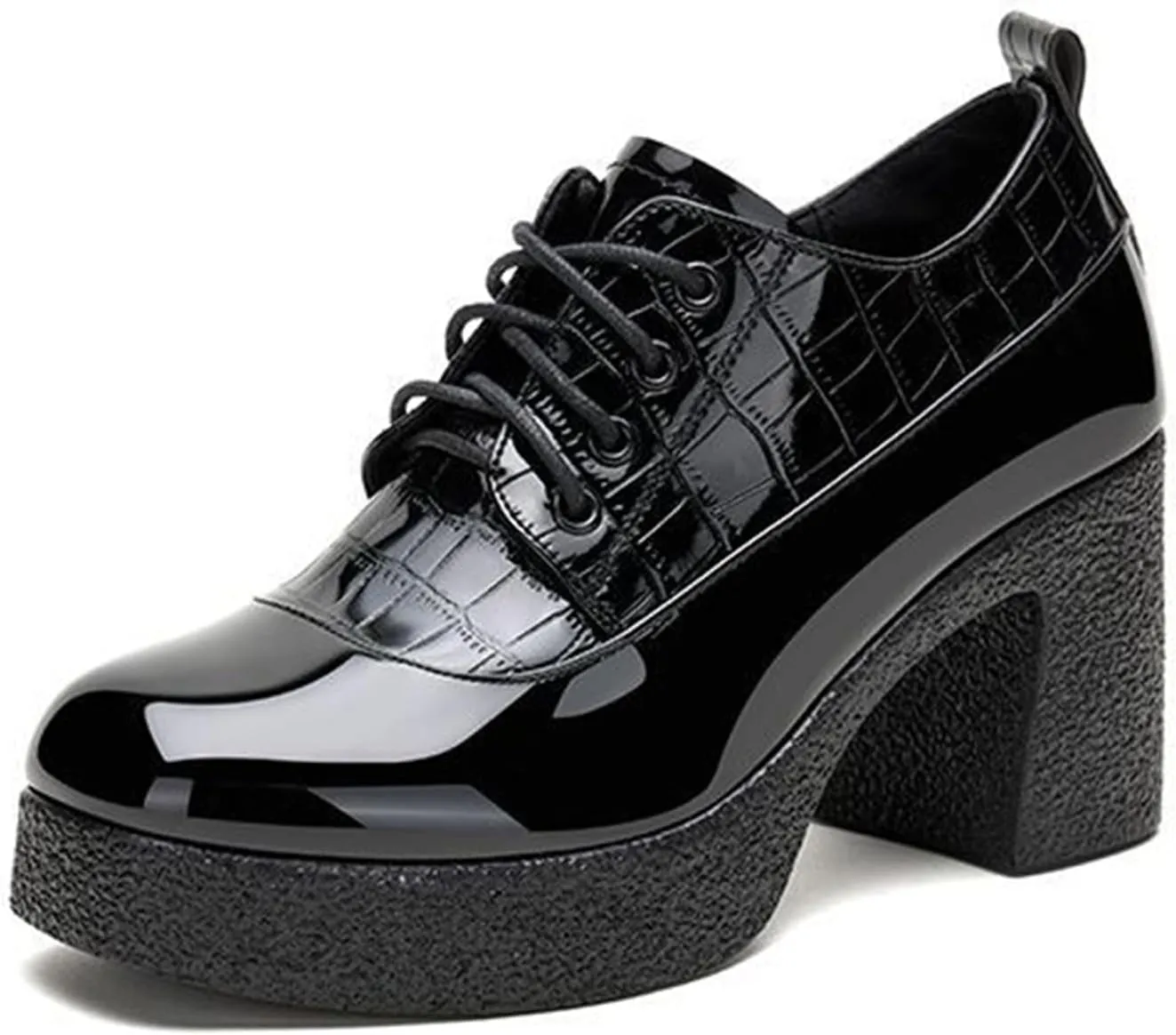 Women's Patent Leather Chunky Heel Dress Oxford Shoes Fashionable Round Head Print Platform High Heels Lace Up Pumps Business Work Shoes