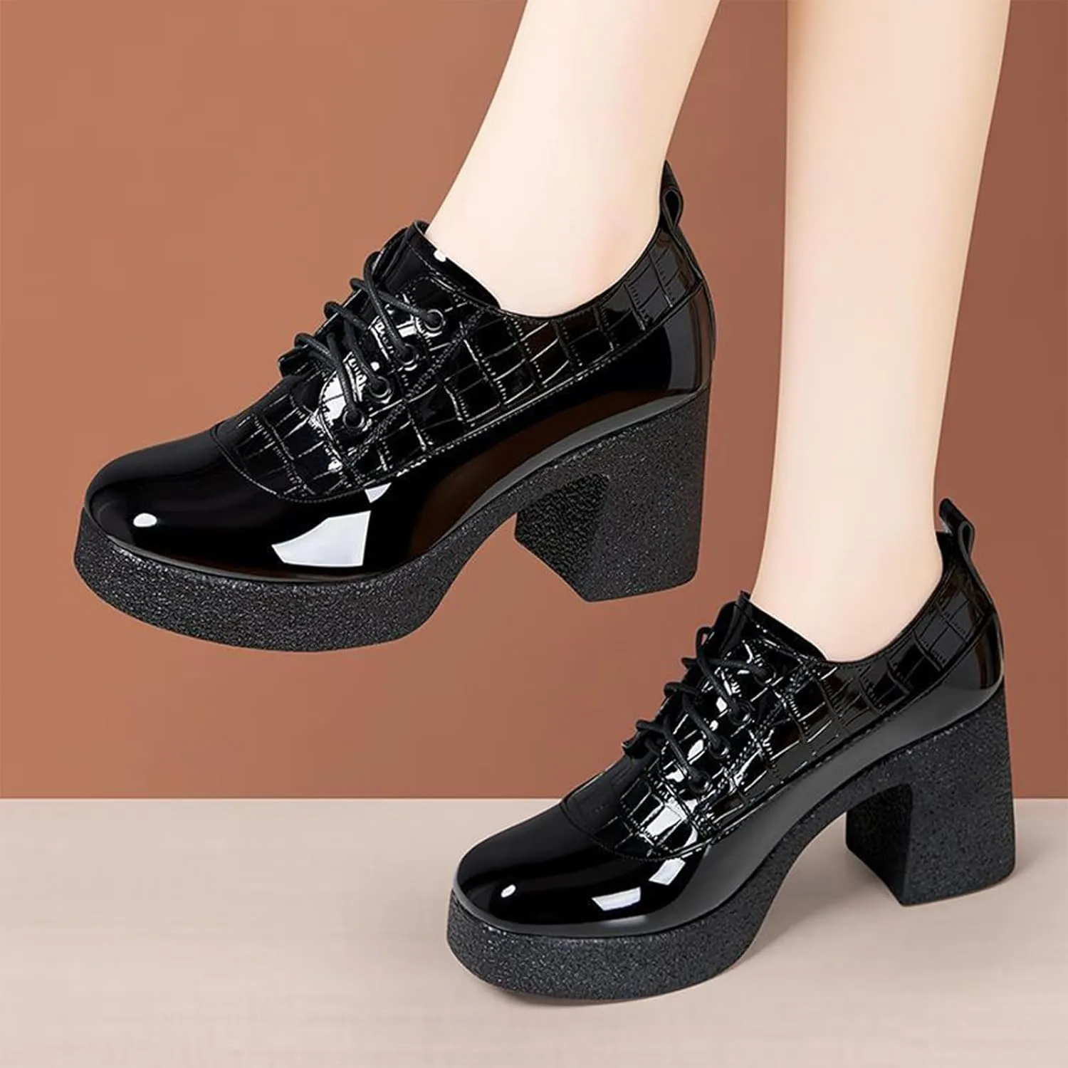 Women's Patent Leather Chunky Heel Dress Oxford Shoes Fashionable Round Head Print Platform High Heels Lace Up Pumps Business Work Shoes