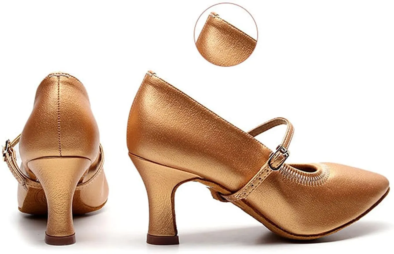 Womens Practice Beginner Latin Tango Ballroom Character Dance Shoes, for Prom Wedding Social Party (Color : Gold 7cm, Size : 5.5)
