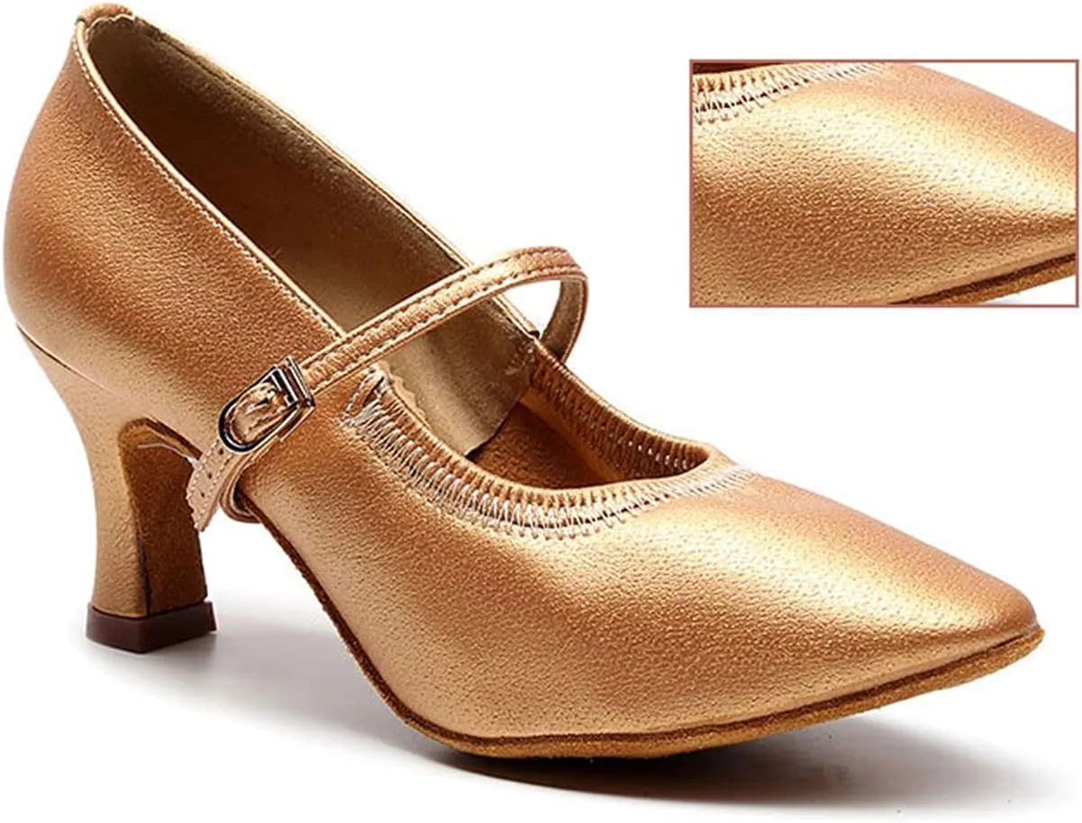 Womens Practice Beginner Latin Tango Ballroom Character Dance Shoes, for Prom Wedding Social Party (Color : Gold 7cm, Size : 5.5)