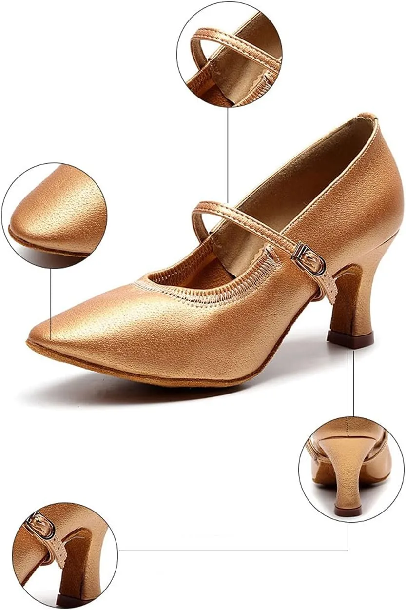 Womens Practice Beginner Latin Tango Ballroom Character Dance Shoes, for Prom Wedding Social Party (Color : Gold 7cm, Size : 5.5)