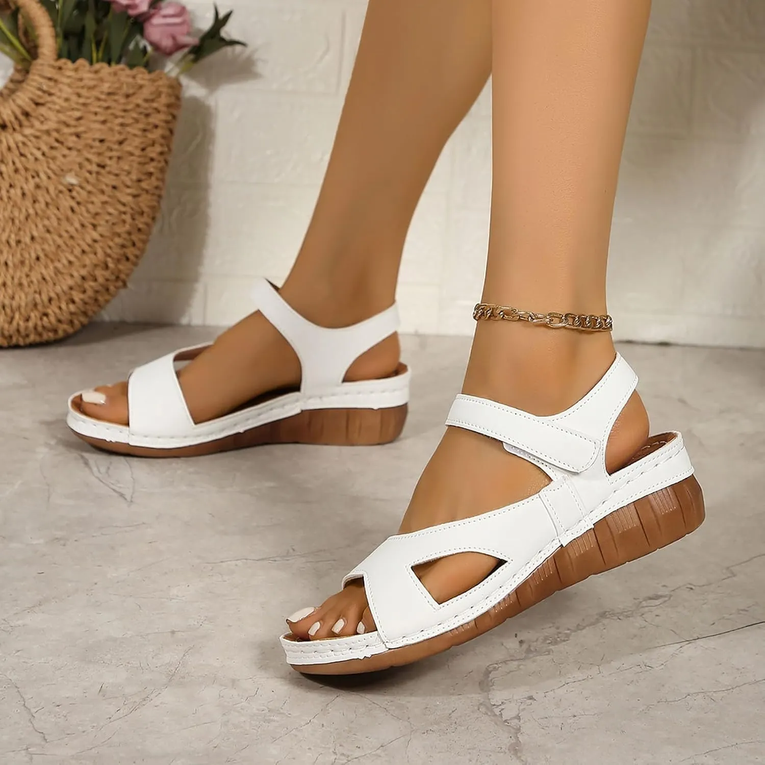 Womens Slip On Sandals Open Toe Wedges Ankle Strap Thick Soled Platform Sandals Summer Dressy Beach Shoes