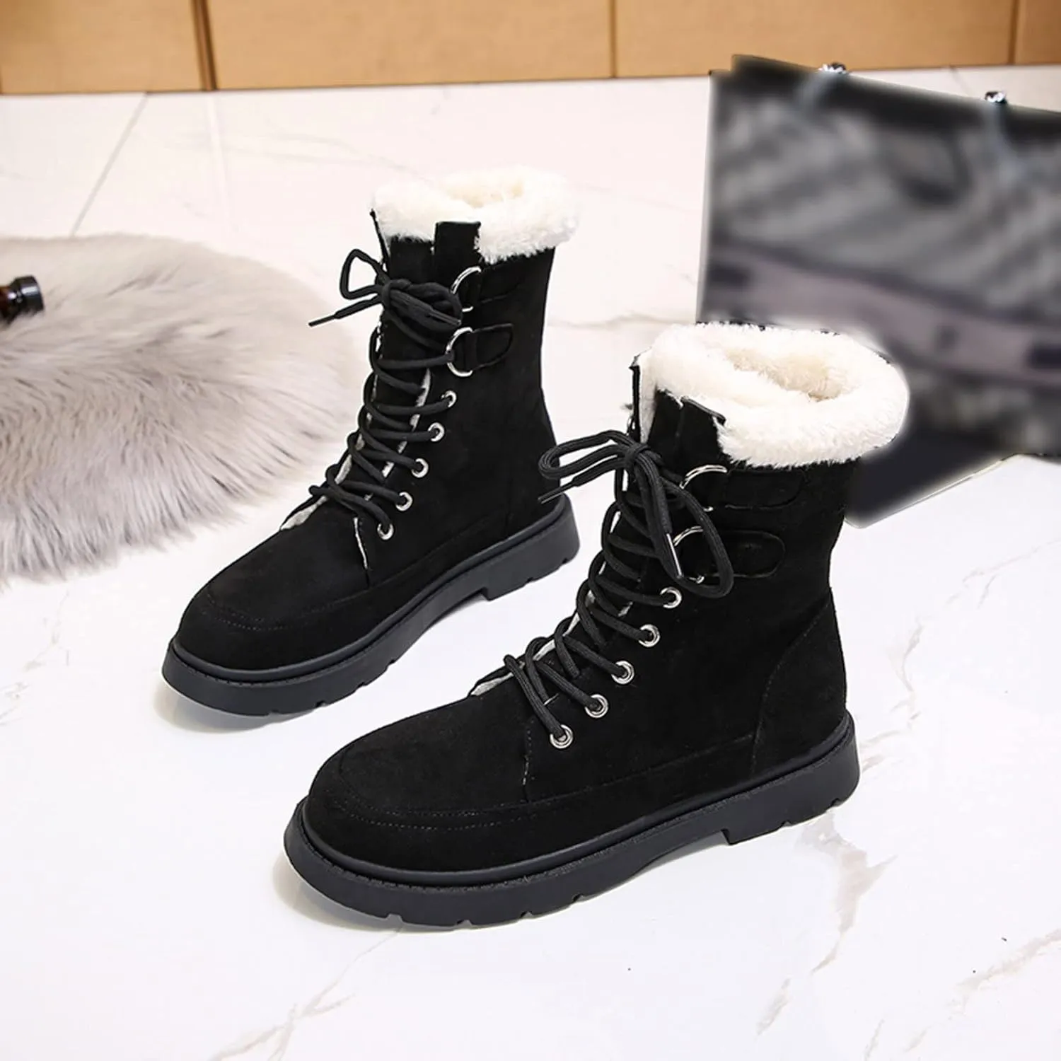 Womens Snow Boots Waterproof Wide Size 7 White Snow Boots Women Winter Brown Fur Boots for Women Waterproof Boots for Winter Waterproof Botas De Invierno Para Mujer Negras