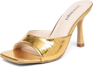 Women's Square Toe High Heeled Sandals,Kitten Heel Patent Leather Slippers,Easy To Wear Black Bento Shoes