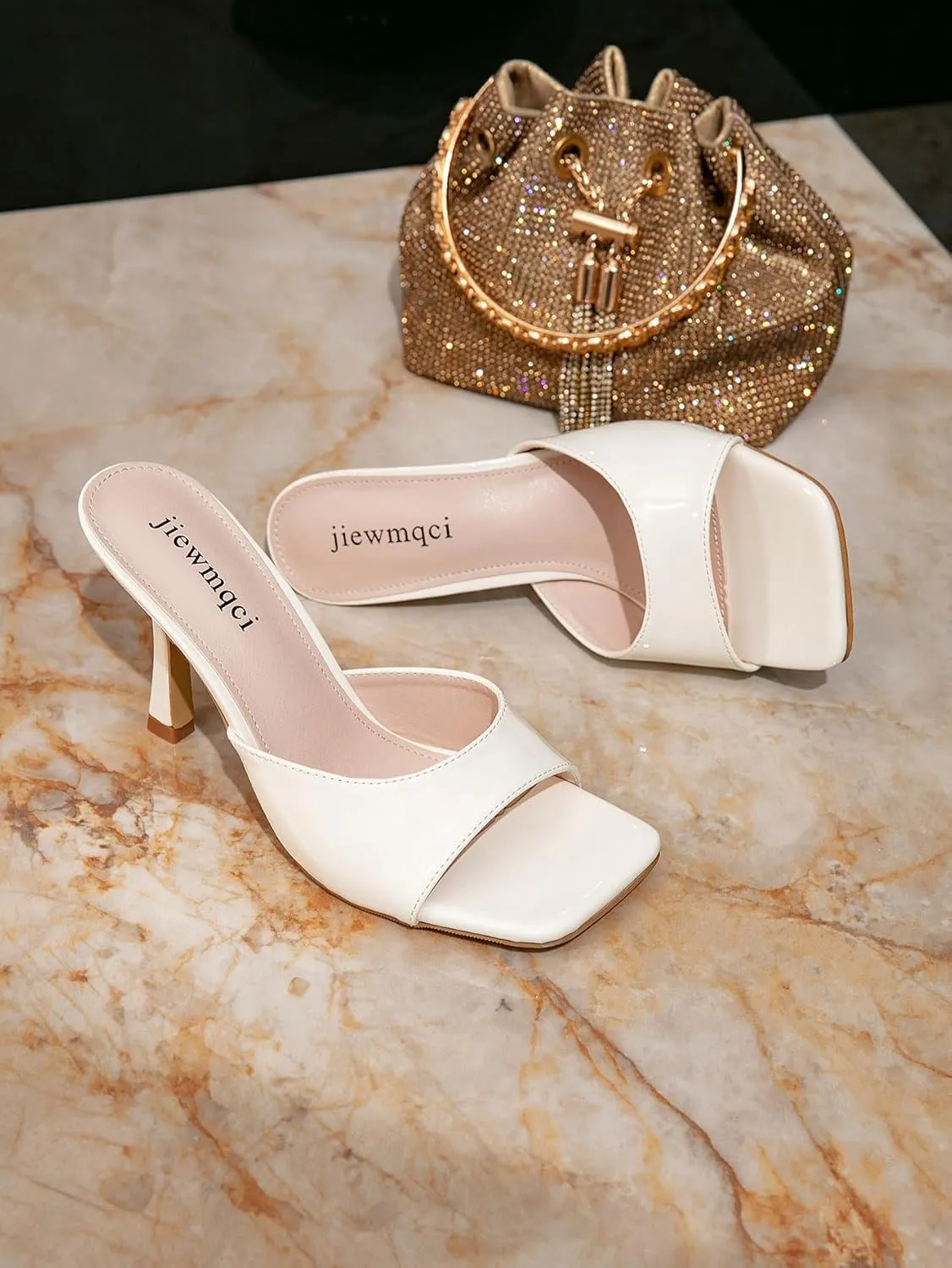 Women's Square Toe High Heeled Sandals,Kitten Heel Patent Leather Slippers,Easy To Wear Black Bento Shoes