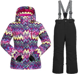 WOWULOVELY Girls Thicken Warm Snowsuit Hooded Ski Jacket Pants 2 Pcs Set Skiing Jacket with Pants