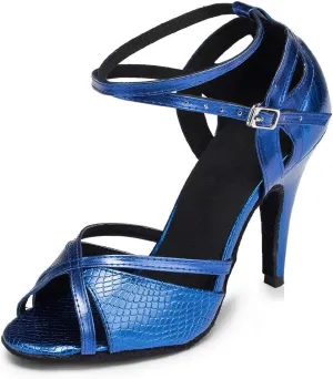 YKXLM Women Ballroom Dance Shoes Latin Salsa Performance Dance Shoes,035-8.5 Nail Heel,Blue,8.5US
